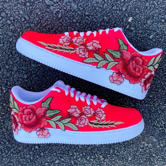 Nike Air Force Custom Low Neon Pink Red Rose Floral White Shoes